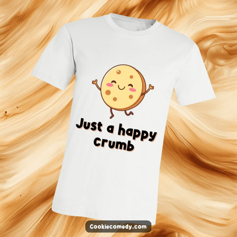 Funny, smiling round cookie character with short legs doing a happy dance, printed on a comfortable t-shirt.