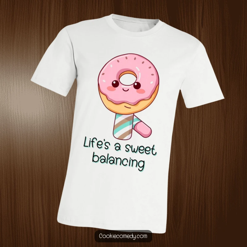Funny t-shirt illustration of a grinning donut character balancing expertly on a striped candy cane, a delightful display of sweetness.