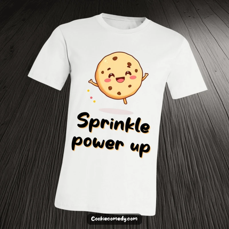 Funny t-shirt featuring a smiling cookie character gleefully bouncing a tiny sprinkle, radiating playful energy and pure happiness.