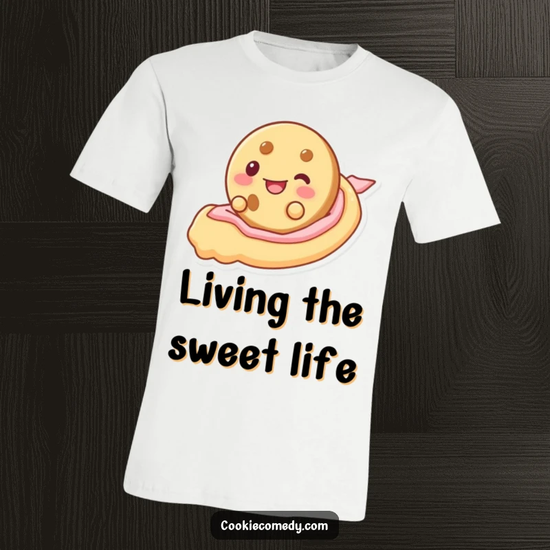 Funny t-shirt with a round cookie character gleefully sliding down a colorful ribbon of frosting, celebrating sweet, playful moments.