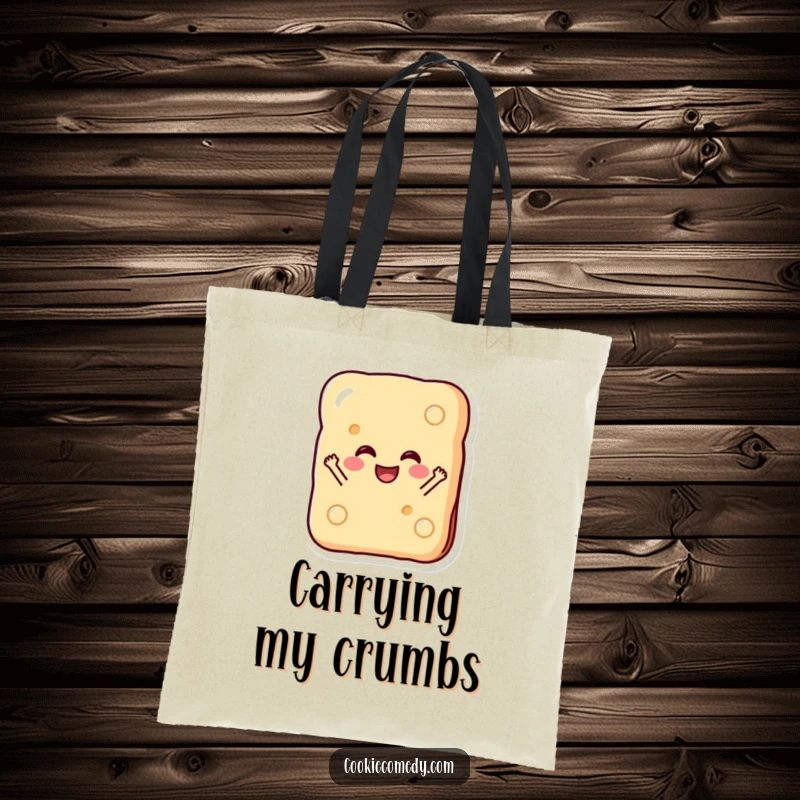 Funny tote bag showcasing a happy rectangular biscuit character with a beaming smile, captured in a joyful leap, great for shopping.