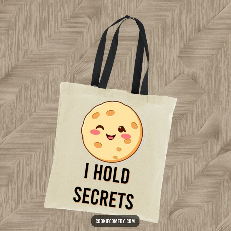 Funny tote bag featuring a cheerful cookie character winking, ideal for carrying groceries or daily items with a humorous flair.