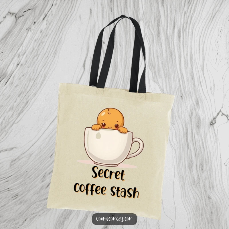 Funny tote bag with a shy gingerbread person timidly peeking over a giant coffee cup, perfect for carrying everyday items.