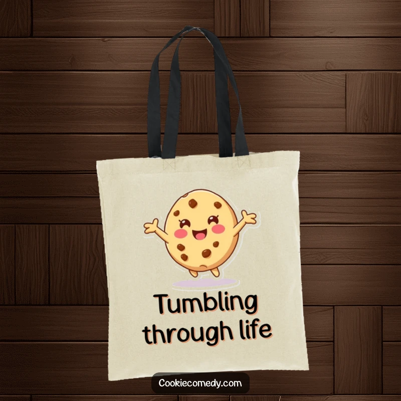 Funny tote bag with a cookie character with arms outstretched, playfully tumbling forward, perfect for carrying items with a sense of fun.